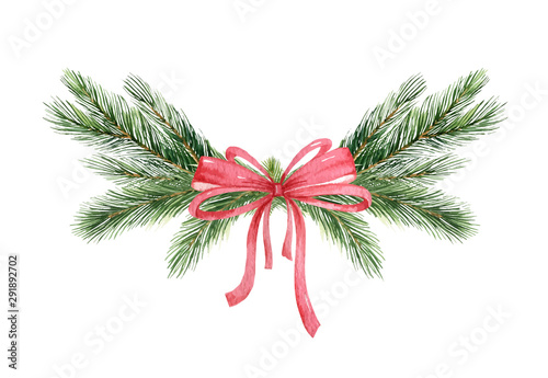 Watercolor vector Christmas wreath with green pine branches and red bow.