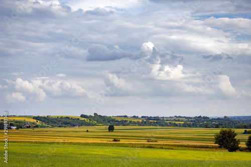Panorama of the rural landscape. View of the vast fields and meadows.