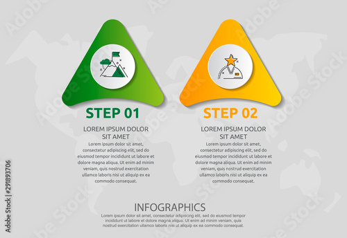 Vector infographic template with triangles and two circles. Business geometric concept with 2 options, parts, steps. Used as timeline, workflow, presentation, diagram, flyers, banner, chart