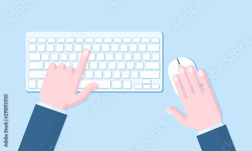 Computer Keyboard and Mouse with Hands of User Flat Vector Illustration