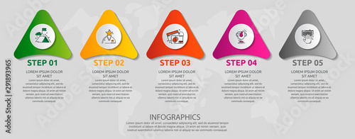 Vector infographic template with triangles and five circles. Business geometric concept with 5 options, parts, steps. Used as timeline, workflow, presentation, diagram, flyers, banner, chart