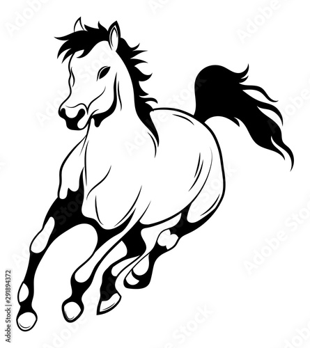 Running horse. Black and white vector illustration of running wild mustang. Silhouette of a farm animal. Tattoo.