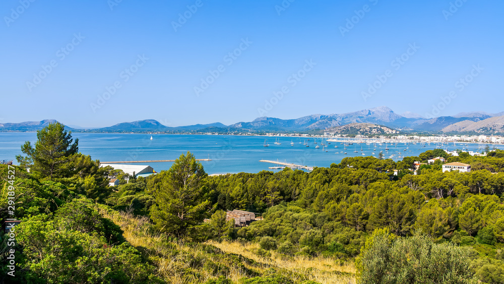 Panoramic view of the bay with port of Palma de Mallorca, mountain range in background