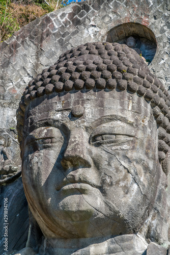 Mount Nokogiri (Nokogiriyama) Great Buddha (Nihon-ji daibutsu). Carving of seated sculpture of Yakushi Nyorai completed in 1783. The largest pre-modern stone-carved Daibutsu in Japan