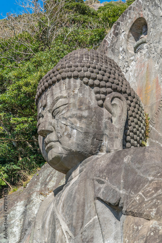 Mount Nokogiri (Nokogiriyama) Great Buddha (Nihon-ji daibutsu). Carving of seated sculpture of Yakushi Nyorai completed in 1783. The largest pre-modern stone-carved Daibutsu in Japan
