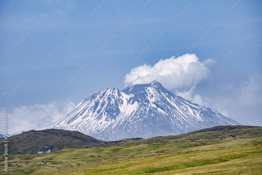view on Kamen Volcano, active Klyuchevskoy Volcano and active Bezymianny Volcano.