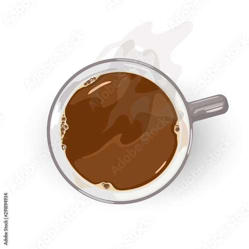 Cup of freshly brewed flavoured coffee. Hot rich drink in grey ceramic cup with smoke. Americano, Long Black or cocoa giving feeling of comfort, coziness. Vector cartoon isolated on white. Top view.