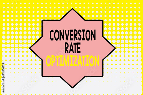 Writing note showing Conversion Rate Optimization. Business concept for system for increasing percentage of visitors Vanishing dots middle background design. Gradient Pattern. Futuristic