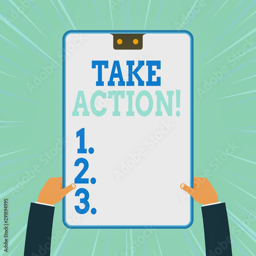 Conceptual hand writing showing Take Action. Concept meaning do something official or concerted to achieve aim with problem Two male hands holding electronic device geometrical background