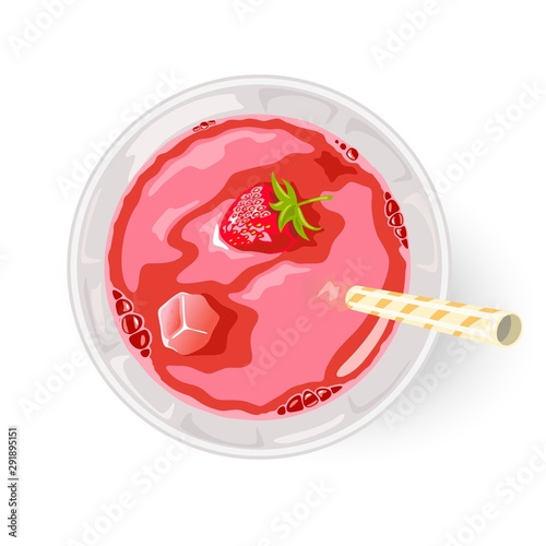 Pink cocktail, punch, mocktail, smoothie with freshly squeeze berry juice or syrup. Pink drink in glass with ice cube, strawberry and straw. Top view. Cartoon vector illustration isolated on white.