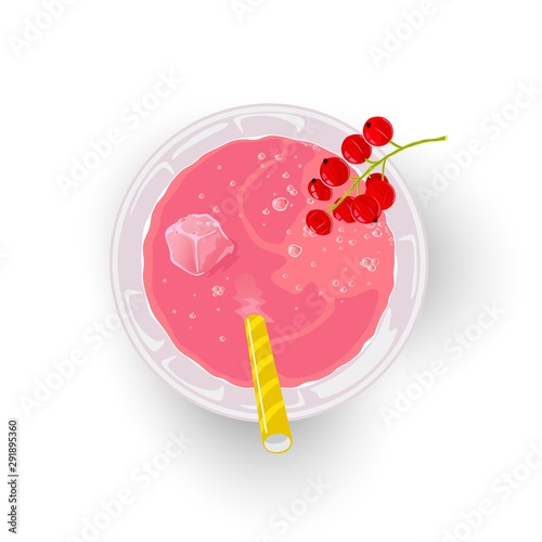 Red currant mojito, lemonade, smoothie, punch, mocktail, cocktail. Berry pink drink in glass with ice cube and straw. Beverage vector cartoon illustration for recipe, menu, advertising. Top view.