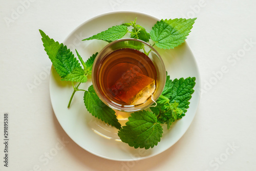 infuso di ortiche e piatto con foglie di ortica