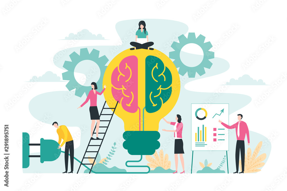Brainstorming creative idea, business meeting and teamwork concept with big light bulb and brain illustration - obrazy, fototapety, plakaty 