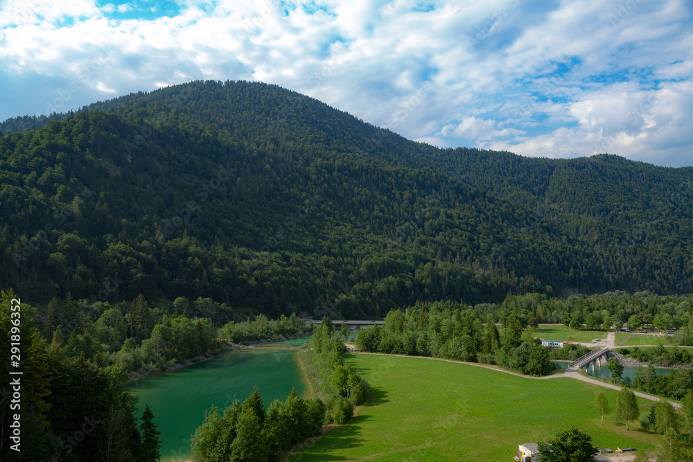 View from Sylvenstein Dam towards river Isar in summer