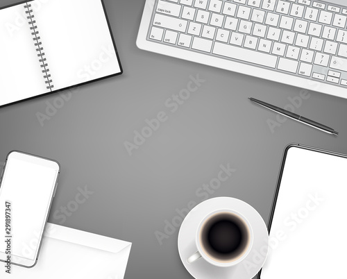 Office stationery. Different business stuff on a table. Top view