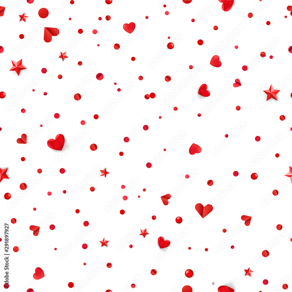 Seamless vector pattern with red hearts and confetti