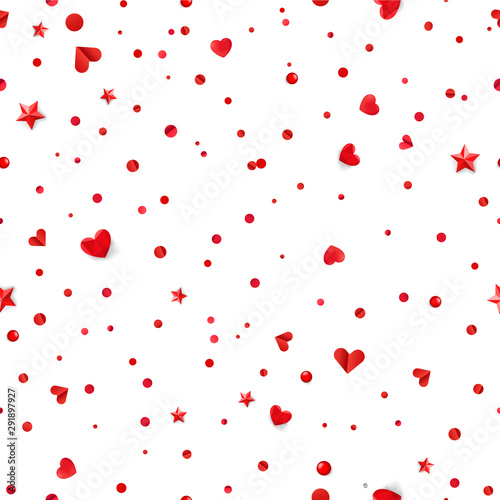 Seamless vector pattern with red hearts and confetti