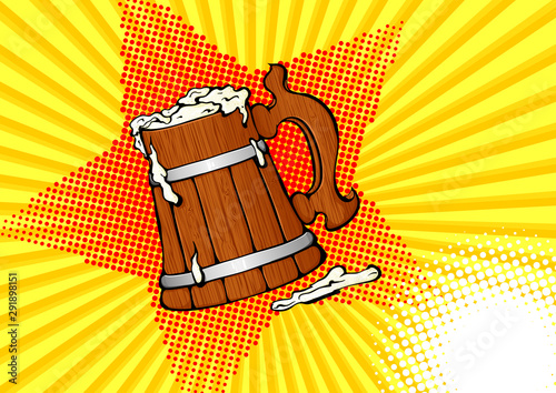 Vector bright colored background in Pop Art style. Illustration with a wooden mug for beer. Poster to oktoberfest festival, beer festival, brewing