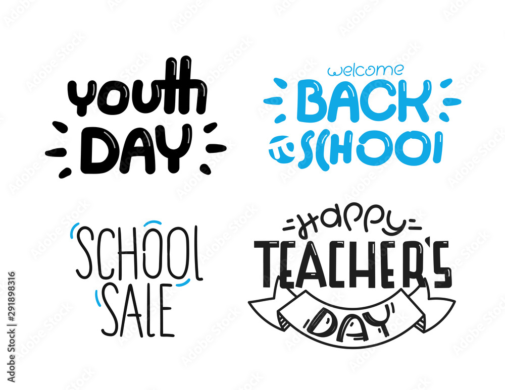 Different lettering logos isolated on white background. Back to school set