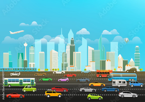 Modern cityscape with scyscrapers and different vehicles