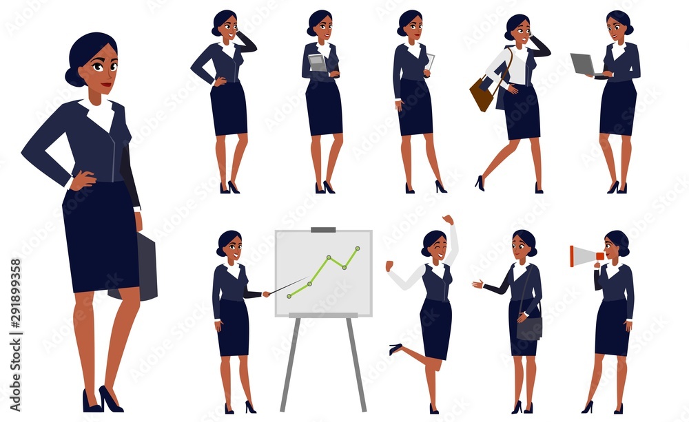 Young businesswoman boss cartoon in black suit set vector illustration. Types of smart woman in various poses. Collection of african-american characters performing different actions flat style concept