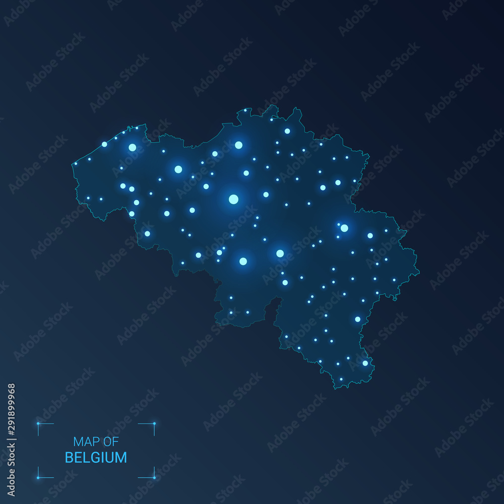 Belgium map with cities. Luminous dots - neon lights on dark background. Vector illustration.