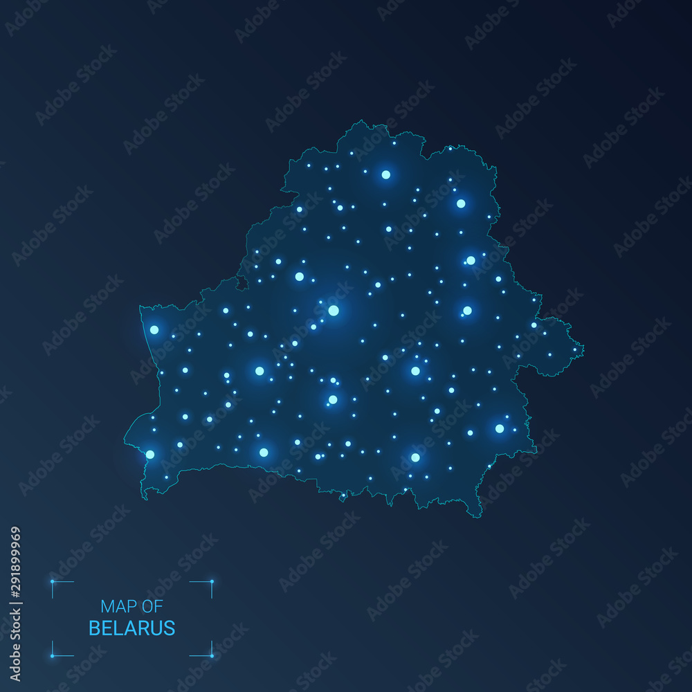 Belarus map with cities. Luminous dots - neon lights on dark background. Vector illustration.