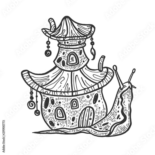 Fantastic fabulous snail with house instead of shell sketch engraving vector illustration. Tee shirt apparel print design. Scratch board style imitation. Black and white hand drawn image.