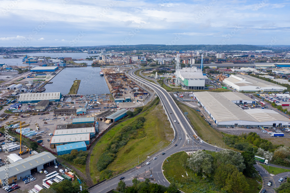 Aerial view of the industrial side of the Cardiff bay / docks, Wales UK