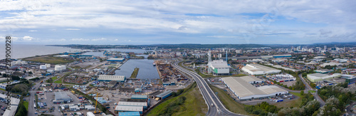 Aerial view of the industrial side of the Cardiff bay / docks, Wales UK