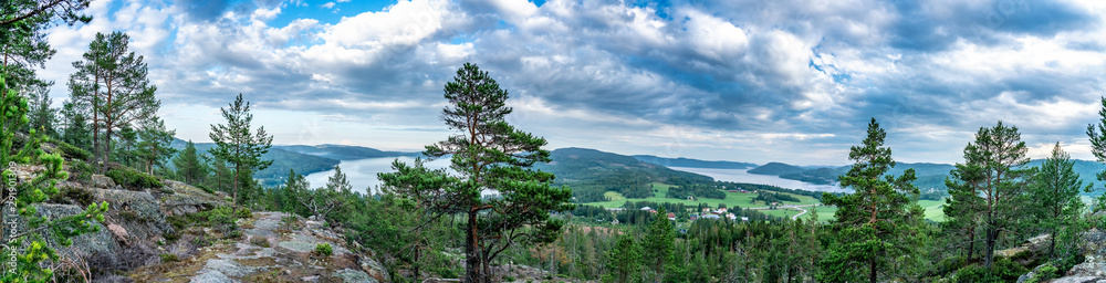 Obraz premium Very wide panorama over wild Scandinavian mountains with pine tree forest, the village and two sea bays, summer day with heavy dramatic clouds, North Sweden