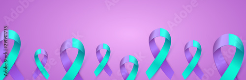 3d Purple Blue ribbon card to Suicide Prevention Awareness Month. Double colour Ribbon poster.