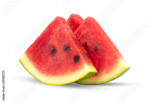 Closeup of Sliced ripe red watermelons isolated on white background with clipping path.