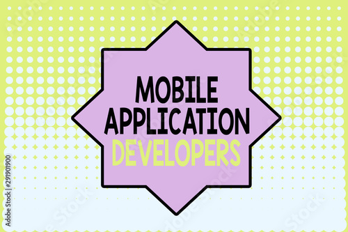 Writing note showing Mobile Application Developers. Business concept for create software for devices like app store Vanishing dots middle background design. Gradient Pattern. Futuristic
