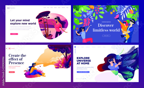 Web design templates of virtual reality. Vector illustration concepts for web design and development, app development, VR technology, entertainment, games, business presentation, marketing, education.