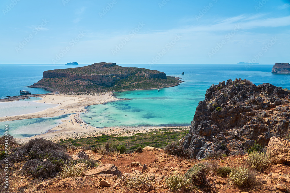 Balos lagoon and Gramvousa in Kissamos Crete, Greece in sunny day.