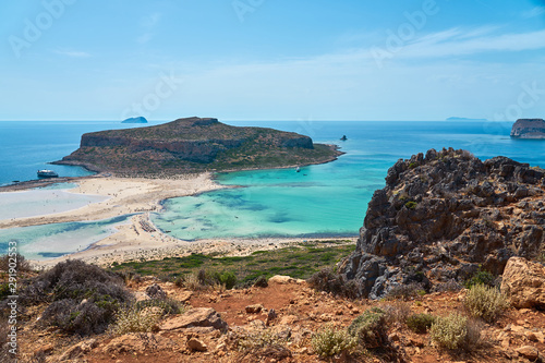 Balos lagoon and Gramvousa in Kissamos Crete, Greece in sunny day.