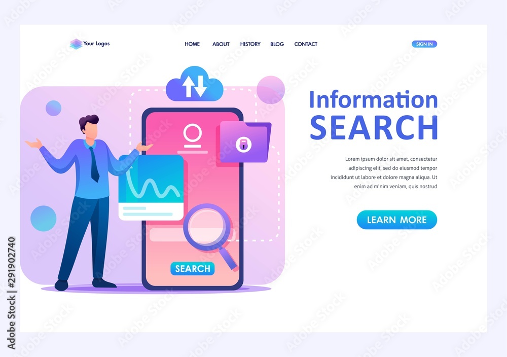 Young man is at a loss at the phone screen, searching for information. Flat 2D character. Landing page concepts and web design Young man is at a loss at the phone screen, searching for information. Flat 2D character. Landing page concepts and web design
