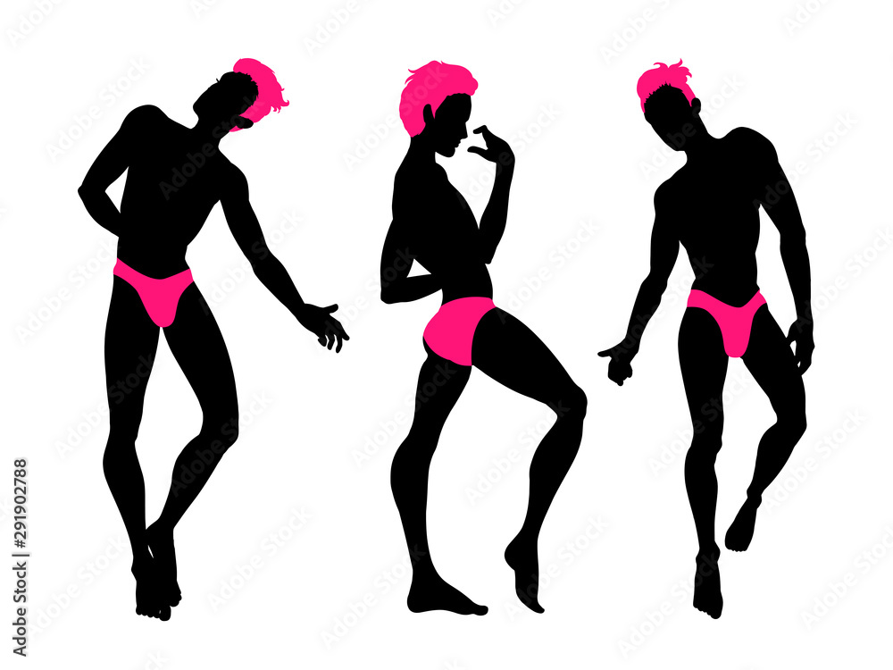 Fototapeta premium Sexy handsome men silhouettes dancing in underwear, stripper, go-go boy, gay club disco, neon colors, vector illustration