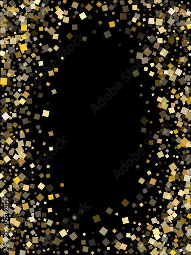 Glowing gold square confetti tinsels scatter on black. Shiny holiday vector sequins background. Gold foil confetti party particles isolated. Rhombus particles surprise backdrop.