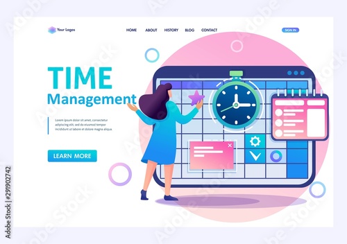 Young girl engaged in time management and business planning for a month. Flat 2D character. Landing page concepts and web design