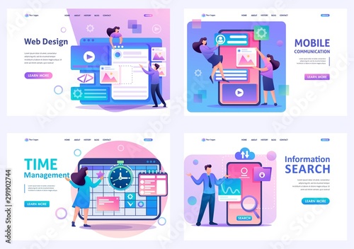 Set Flat 2D concepts web design, Time management, mobile communication, information search. For Landing page concepts and web design