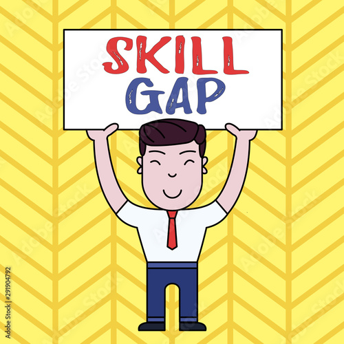 Text sign showing Skill Gap. Business photo showcasing Refering to a demonstrating s is weakness or limitation of knowlege Smiling Man Standing Holding Big Empty Placard Overhead with Both Hands photo