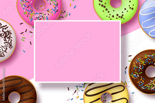 Colorful donuts with icing on pink background. Top view with copy space, realistic style. Vector illustration.