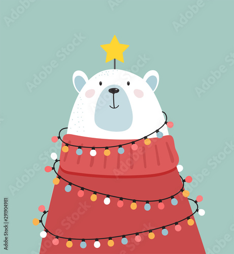 Merry Christmas greeting card, banner. White polar bear looking like a xmas tree, vector cartoon illustration