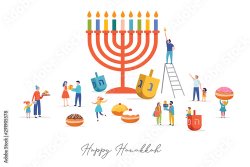 Happy Hanukkah, Jewish Festival of Lights scene with people, happy families with children.