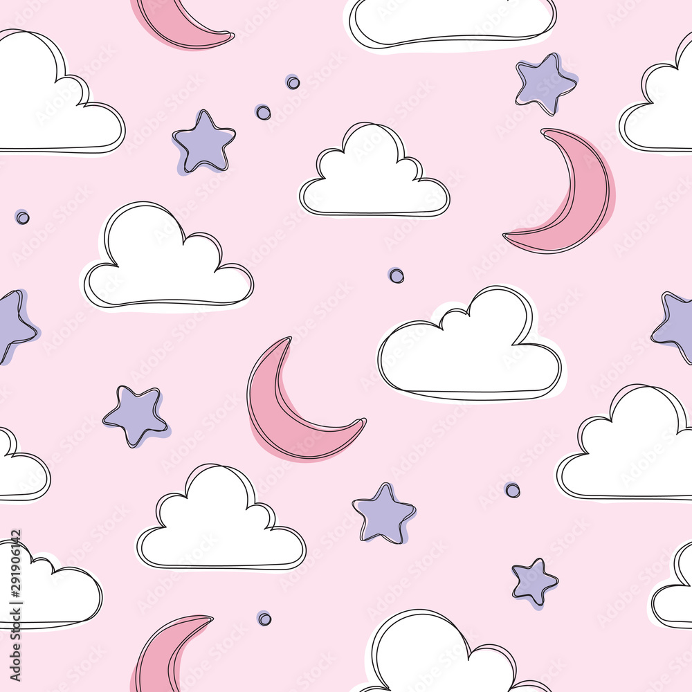 Cute sky pattern. Pink seamless design with clouds, moon and stars. Baby illustration. Cute sweet love baby background. Colorful design for textile, wallpaper, fabric, decor.