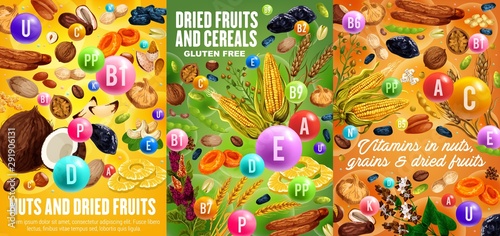 Dried fruits, nuts and cereals, vitamins