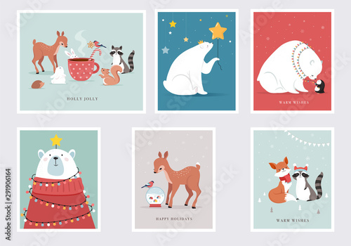 Winter forest animals, Merry Christmas greeting cards, posters with cute bear, birds, bunny, deer, mouse and penguin. 