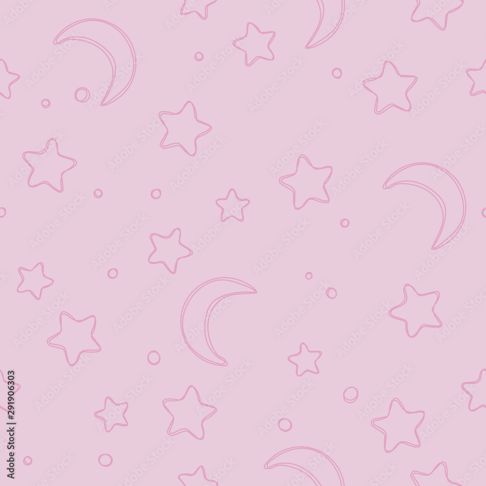 Soft pink seamless stars and moon pattern. Background for gift wrapping paper, fabric, clothes, textile, surface textures, scrapbook.